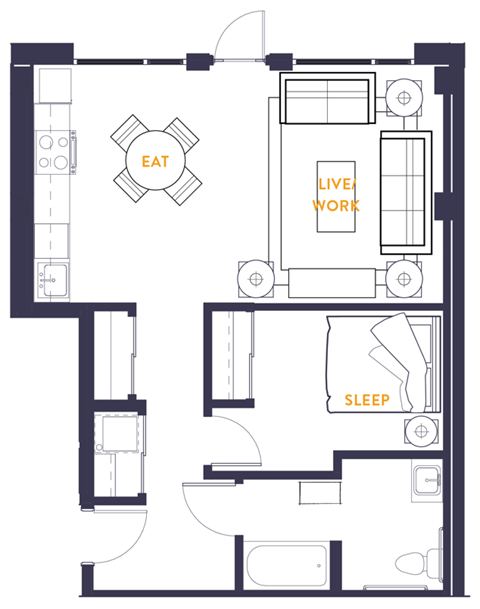 a floor plan of a small apartment with a bedroom and a living room